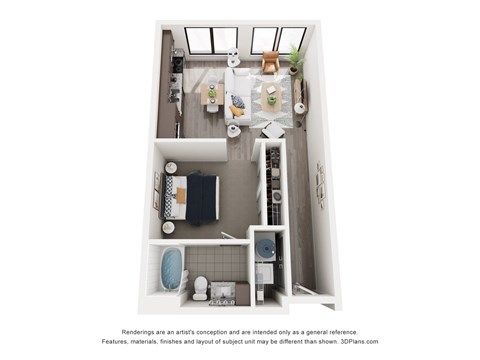 A 3D floor plan of a small apartment with a kitchen, bathroom, and living room.